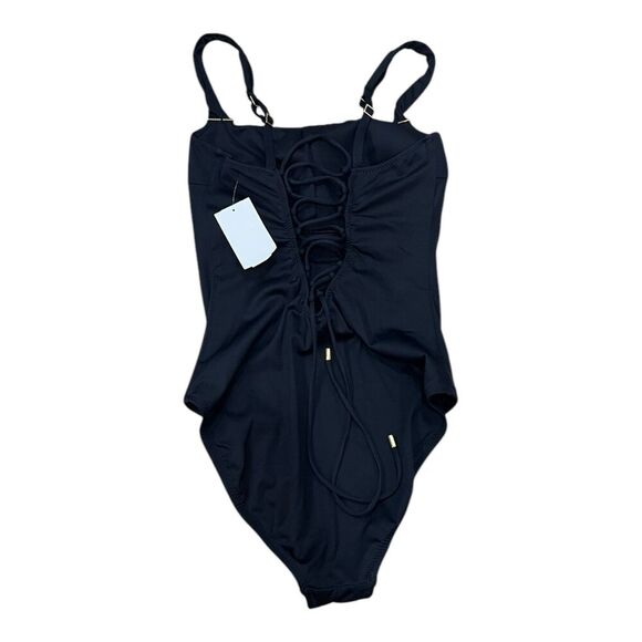 La Blanca Black Luxe Over The Shoulder One Piece Lace Up Back Swimsuit 10 - Picture 4 of 5